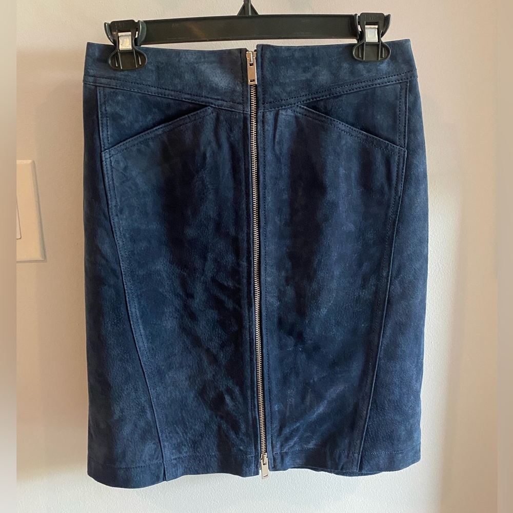 MNG Mango Navy Blue Boho Chic Genuine Suede Leather Skirt w Adjustable Zipper XS
